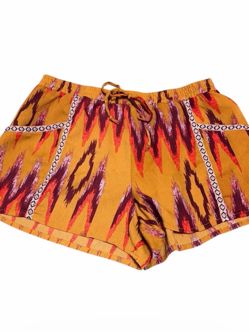 About A Girl Mustard Ikat Print Athletic Shorts with Drawstring